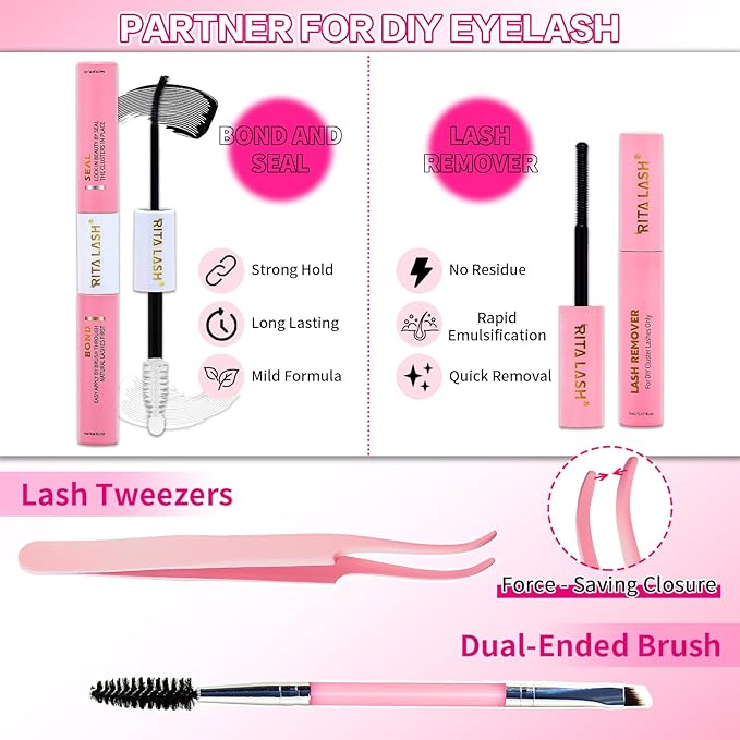 Lash Clusters Kit Eyelash Clusters Kit Fairy Cluster Eyelash Extensions Large Pack Lashes Clusters Lash Extension Kit PestaÃÂ±as Postizas Naturales+Lash Bond&Seal,Remover,Tweezers,Brush(Lash Kit-8)
