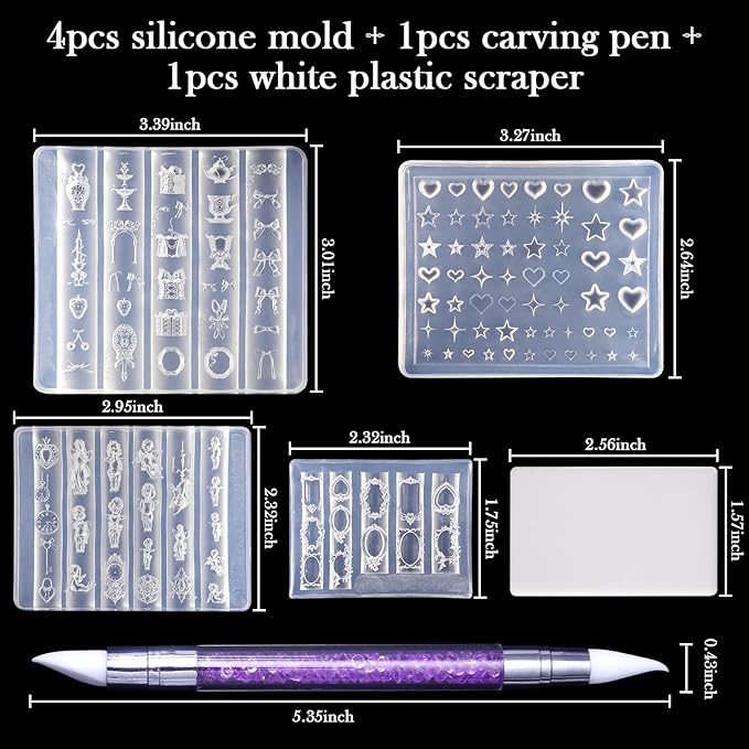 Laza 4pcs Silicone Nail Art Molds, 3D Virgin Mary, Mirror Frame, Heart, Bowknot Exquisite Silicone Y2K Nail Accessories with Carving Pen Resin Nail Art Mold Manicure Tools for DIY Salon Nail Design