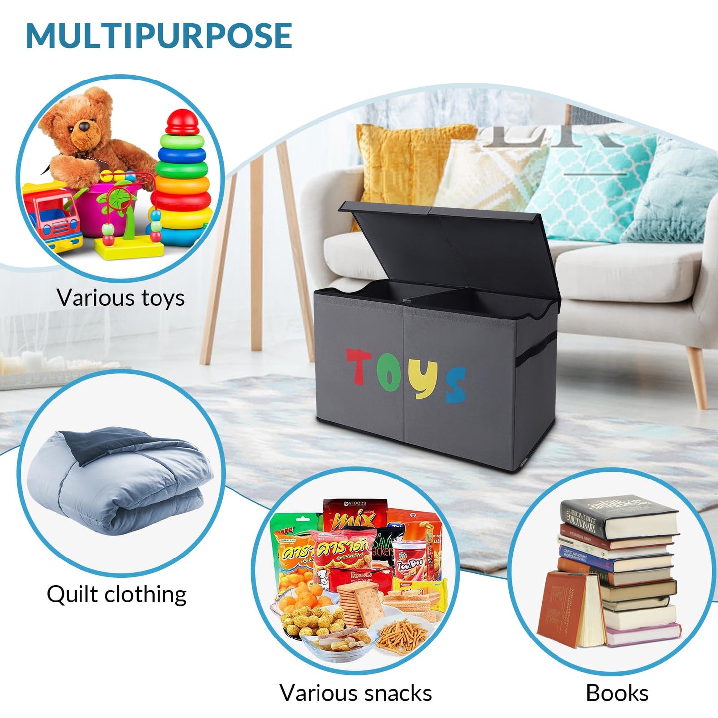 YOLOXO Toy Box Chest, Collapsible Sturdy Storage Bins with Lids, Extra Large Kids Toy Storage Organizer Boxes Bins Baskets for Kids, Boys, Girls, Nursery Room, Playroom, Closet (A-TBX-GRAY-MULTI)