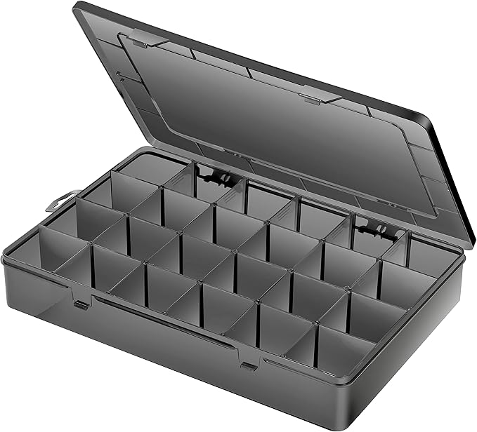 Large 24 Grids Plastic Organizer Box Adjustable Dividers,Clear Storage Box for Jewelry, Art DIY Crafts, Washi Tapes, Beads and Small Parts(Black, 1Pack)