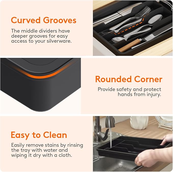 Lifewit Silverware Drawer Organizer Tray, Plastic Cutlery Storage for Kitchen, Flatware and Utensil Holder Divider for Spoons Forks Knives Tableware, 9.5 x 13.4", 5 Slots, Black