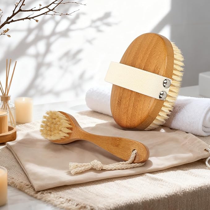 eaxun Bamboo Dry Brushing Body Brush Set, Natural Exfoliating Boar Bristle Face & Body Scrub Brush for Lymphatic Drainage, Cellulite, Blood Circulation and Glowing Skin, 2 Pack