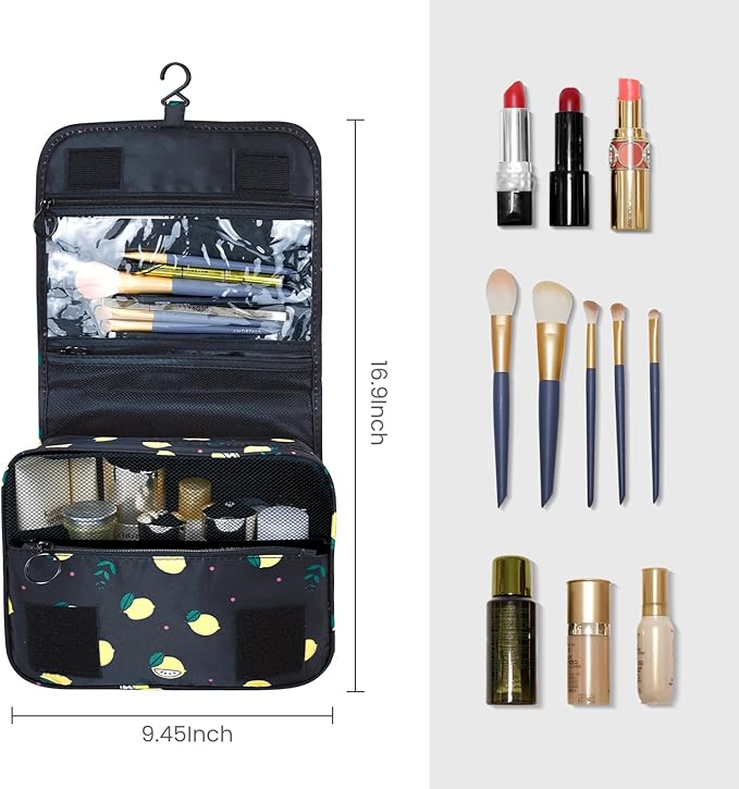 Large Capacity Toiletry Bag Travel Bag with Hanging Hook for Men and Women Waterproof Travel Cosmetic Bag Bathroom Storage Bag for Brushes Set,Full-Sized Shampoo,Accessories-Black Lemon