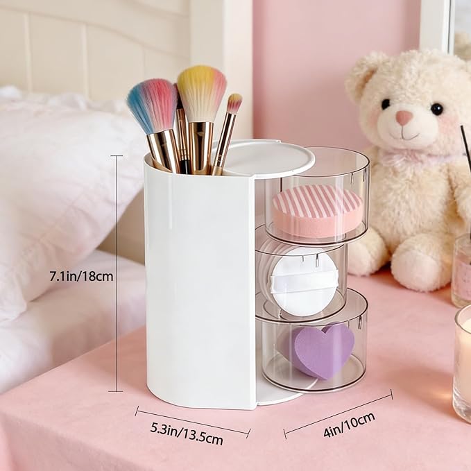 Hair Accessories Organizer for with Hair Brush Holder, Divided Rotatable Makeup Easy Organization of Hair Clips, Rings, Earrings, Makeup Brushes, Hair Clip and Hair Accessories (White, 3-Layer)