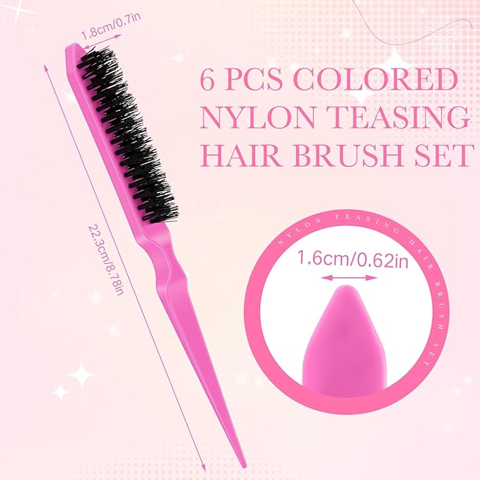 Yaomiao 6 Pcs Teasing Brush for Fine Hair Nylon Rat Tail Brush Set Women Three Row Salon Teasing Set for Back Combing, Root Hair Scalp Massage(Pink)