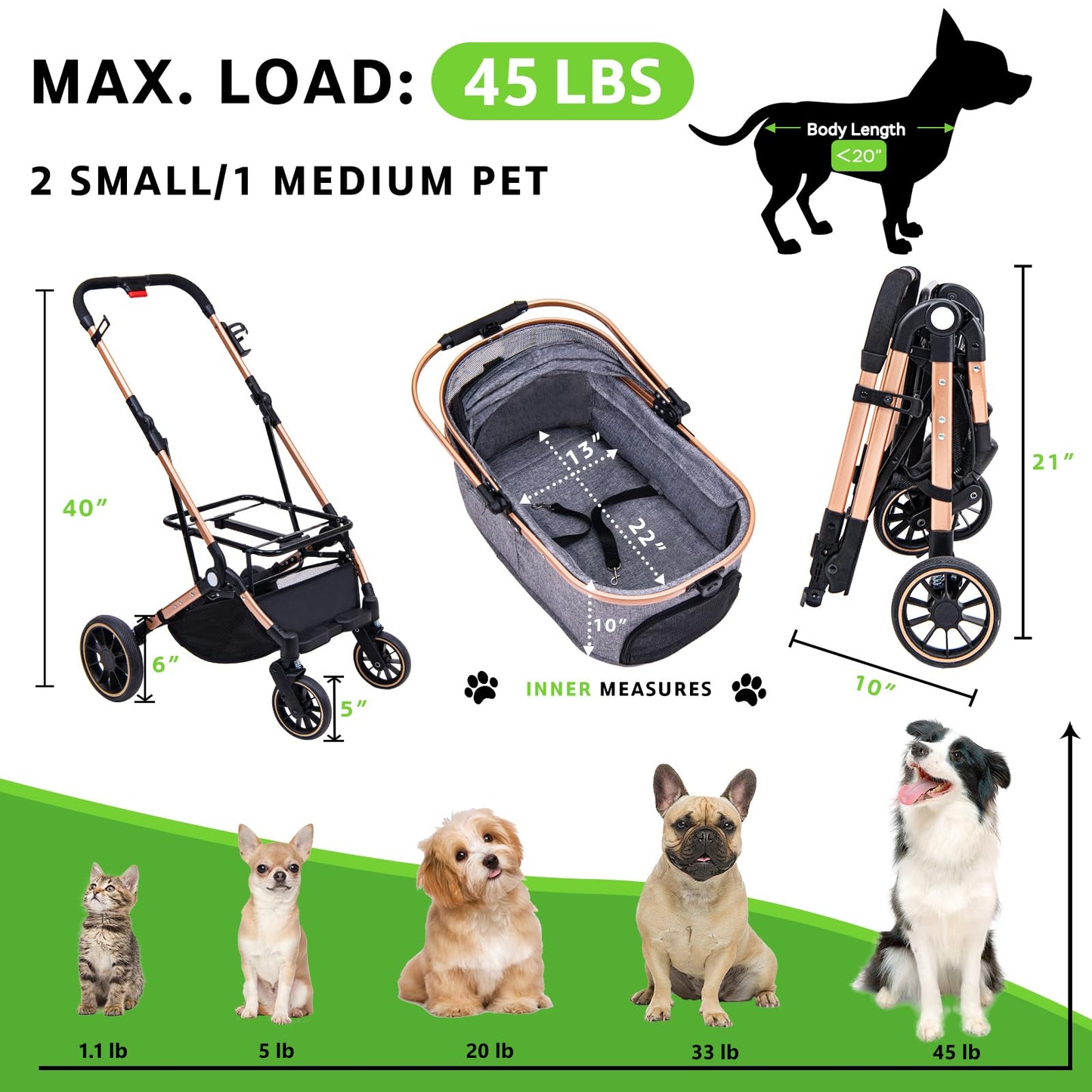 LENSEMUS Dog Stroller for Max 45 lbs Dogs - 3 in 1 Pet Stroller with Detachable Storage Basket 4 All-Terrain Rubber Wheels Pull Rod Durable Travel Carrier for Medium Dogs 2 Small Cats (Grey)