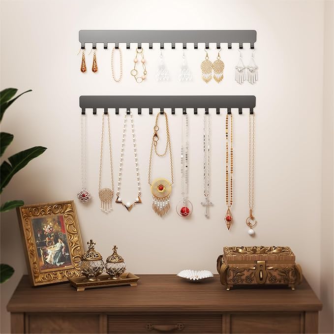 Necklace Holder - Extended Hanging Jewelry Organizer, Self-Adhesive, Wall Mount, 2 Pack, Black