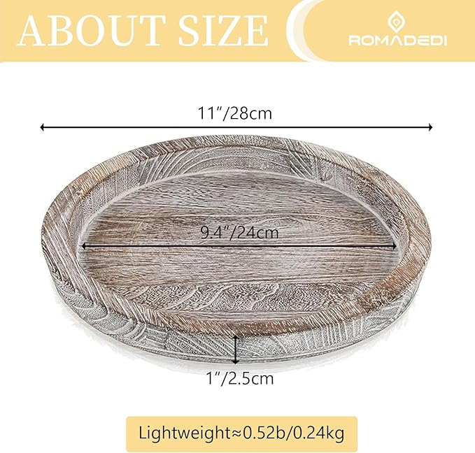 Wooden Decorative Tray Candle Holder: Romadedi Round Wood Tray Home Decor, Whitewash Rustic Trays for Farmhouse Dinning Table Kitchen Countertop Coffee Table Wedding Centerpiece, 11inch, Size L