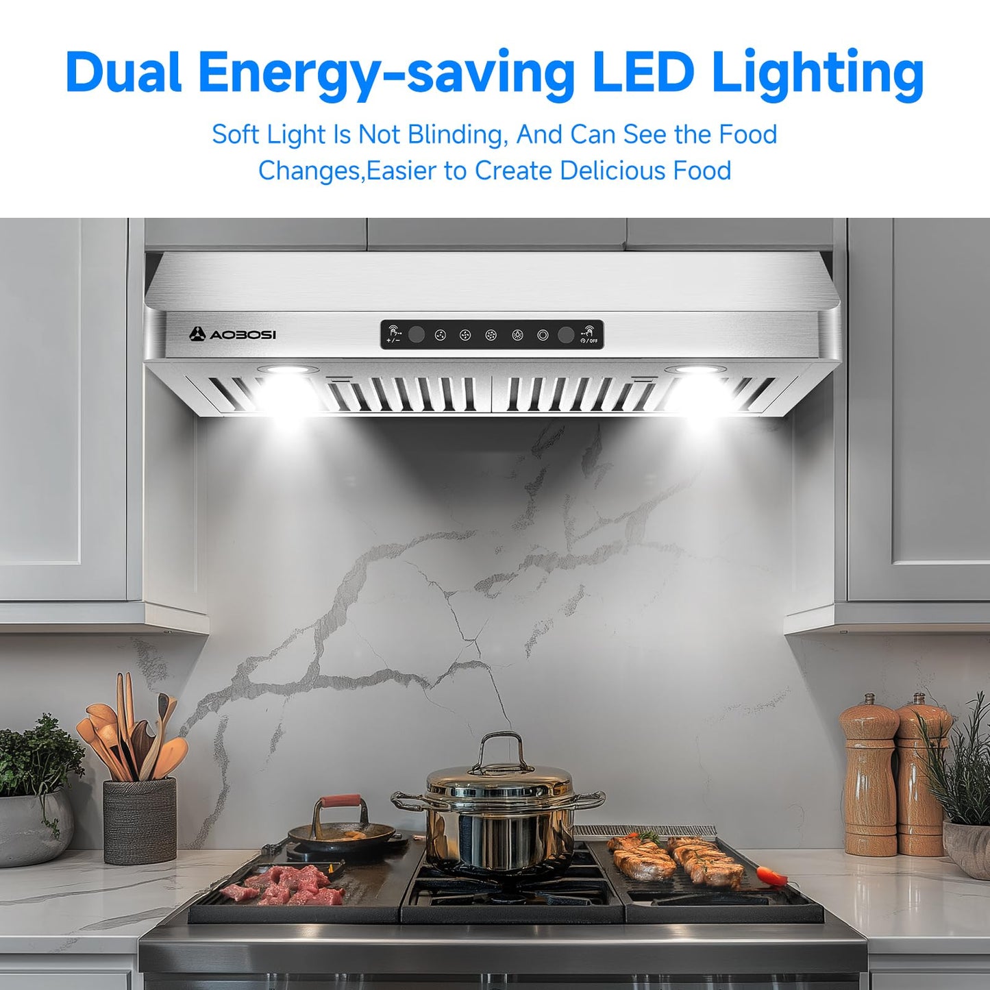 AAOBOSI Range Hood 30 inch Under Cabinet, (Upgraded)800-CFM Gesture Sensing/Touch Control/Motor,3 Speed Range Hood with LED Lights Exhaust Fan, Stainless Steel Kitchen Vent Hood
