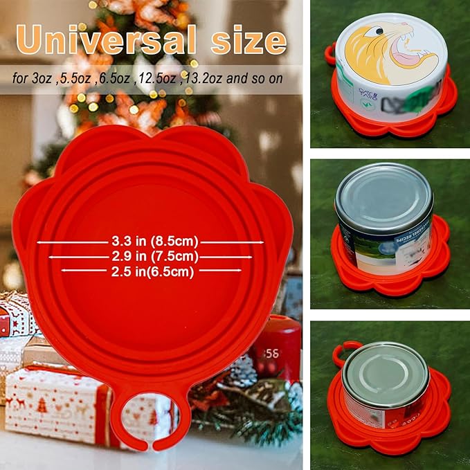 SJANE 4 Pcs Christmas Style Cat Food Can Spoon & Can Covers | Cute Paw Silicone Pet Food Tin Opener Spatula & Lids | Stainless Steel Wet Foodstuff Spoon for Cats and Dogs(Christmas Red)