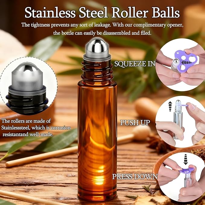 PrettyCare 6 pcs, 10 ml Roller Bottles for Essential Oil with Stainless Steel Roller Ball - Refillable Leak-proof Empty Thick Amber & Blue Glass Roll on Bottles with Black Caps for Travel, Perfume
