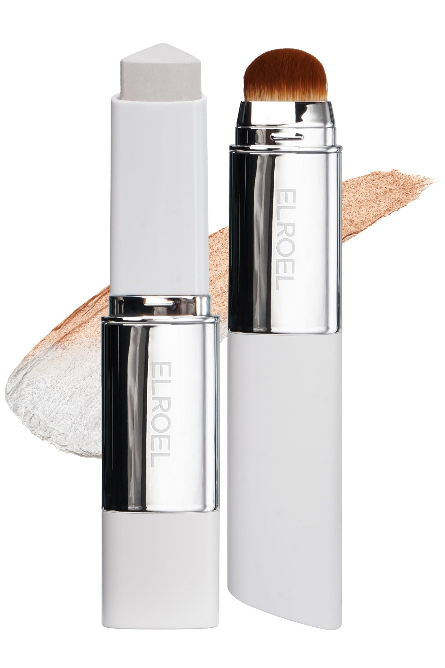 ELROEL Blanc Cover Cream Stick V White 0.45 oz - Korean Color-Changing Foundation Stick with Volufiline - Medium to Full Coverage Dewy Finish Base Makeup - Dual-Ended Detachable Brush (#202 Natural)