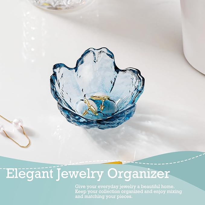 Blue Flower Glass Ring Dish Jewelry Tray Ring Holder Dish Cute Room Decor Vanity Organizer for Nightstand or Bathroom Aesthetic Trinket Dish Gift for Wife Mom Daughter