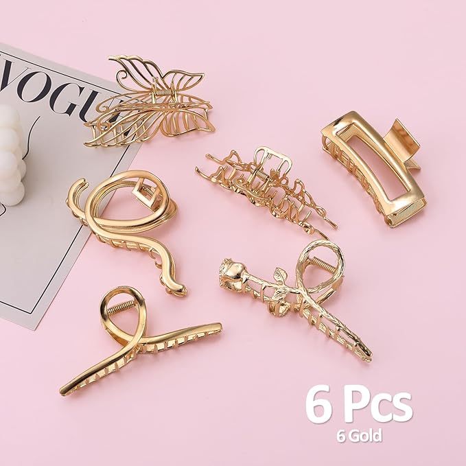 LUKACY 6 Pack Large Metal Hair Claw Clips - 4 Inch, Perfect Big gold Jaw hair clamps for Women and Thinner, Thick hair styling,Strong Hold, Fashion Hair Accessories (Style 2)