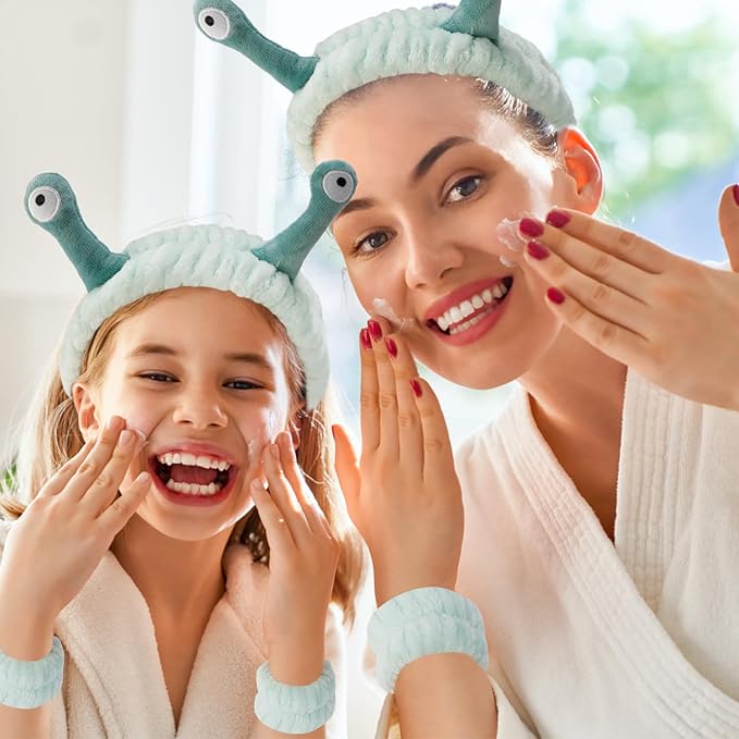 SuPoo 3pcs Snail Face Wash Headband and Wristband Set, Green, Puffy Microfiber Fleece Material, Cute Wrist Towels, for Spa, Sports, Yoga, Face-Washing, Makeup and Shower