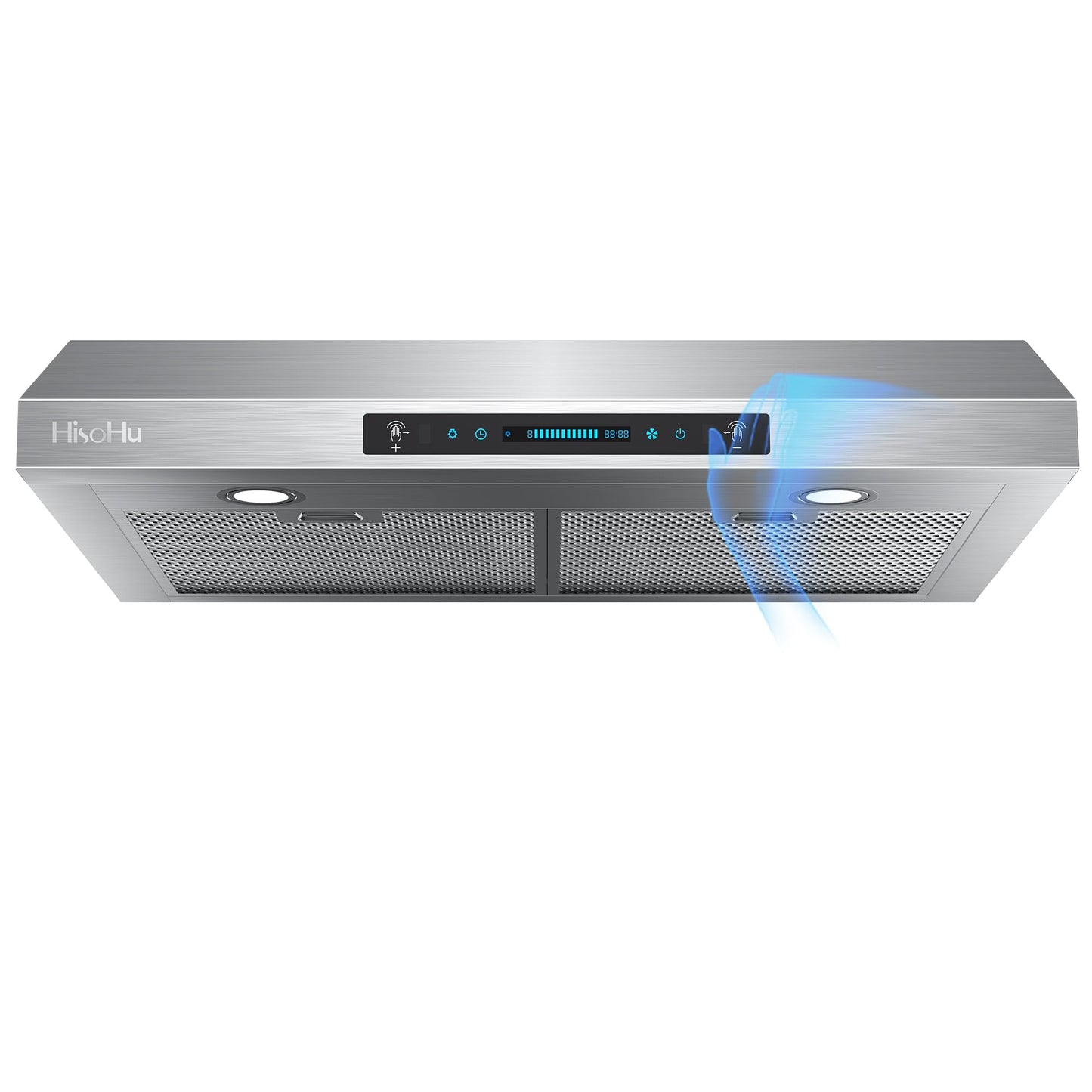 HisoHu 30 Inch Under Ducted Cabinet Range Hood with 1200 CFM, 4 Speed Gesture Sensing Kitchen Exhaust Hood & Touch Control Panel, Stainless Steel Stove Vent Hood with 2 LED Lights
