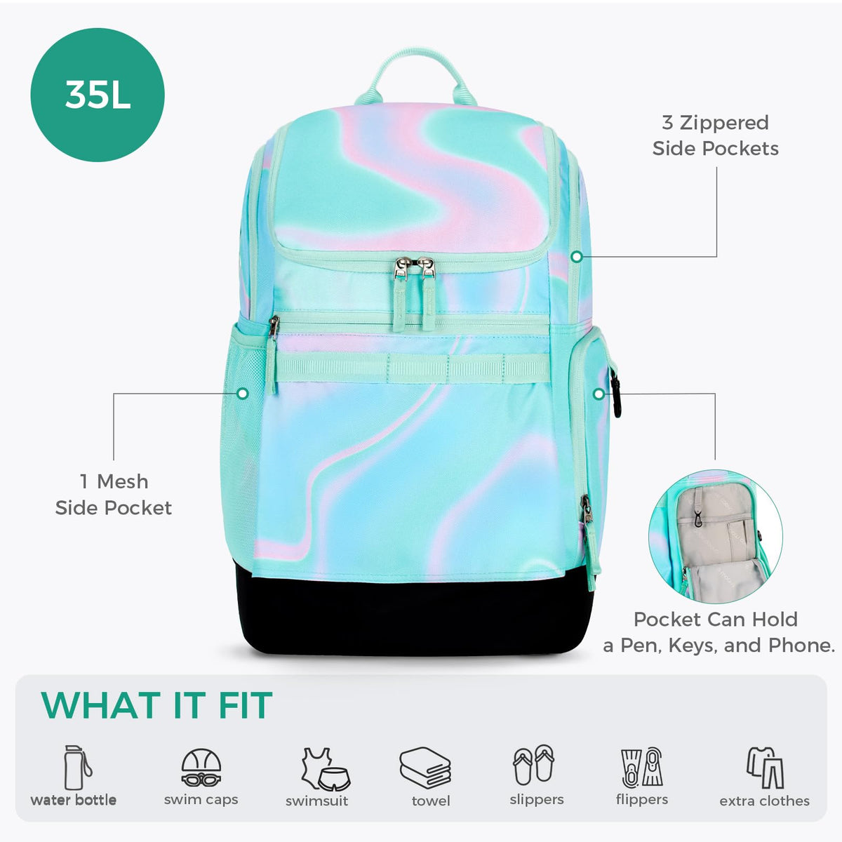 Choco Mocha Swim Bag for Kids Swim Bag for Swimmers, 35L Waterproof Girls Swims Backpack with Wet Dry Compartments, Organized Pool & Beach Bags, Fluids Teal