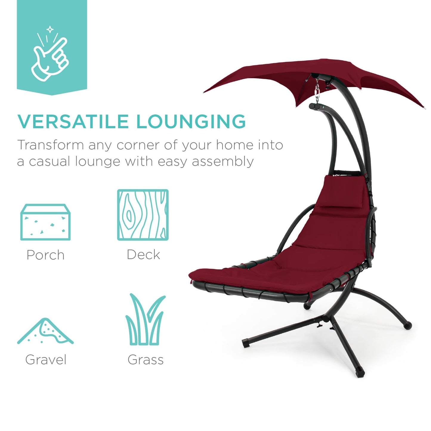 Best Choice Products Outdoor Hanging Curved Steel Chaise Lounge Chair Swing w/Built-in Pillow and Removable Canopy - Burgundy