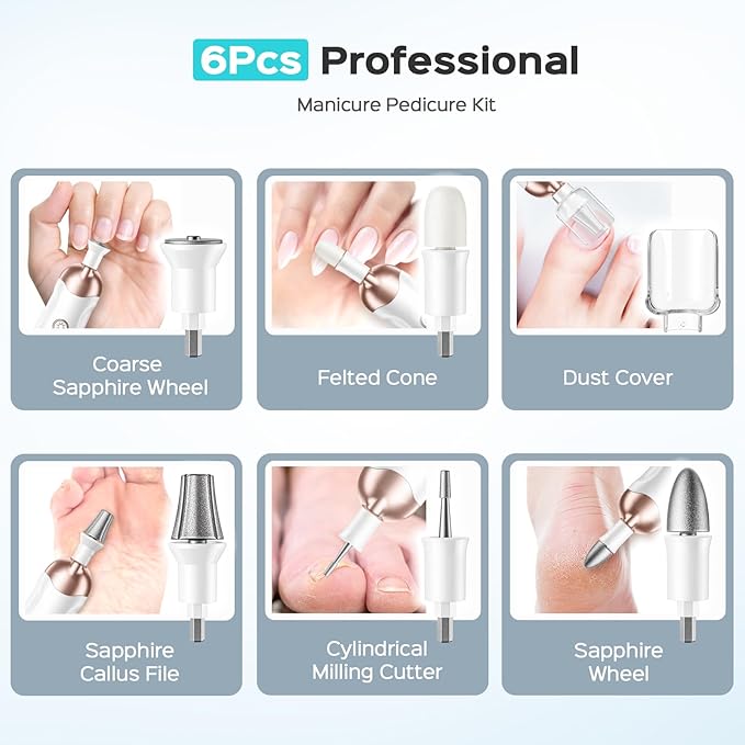 COSLUS C30 Professional Manicure Pedicure Kit: 5 in 1 Electric Nail File Set Toenail Grinder, 5 Speed Cordless Nail Drill for Thick Nail Toenail Cuticle, Hand Feet Trimmer Buffer for Women Men Baby