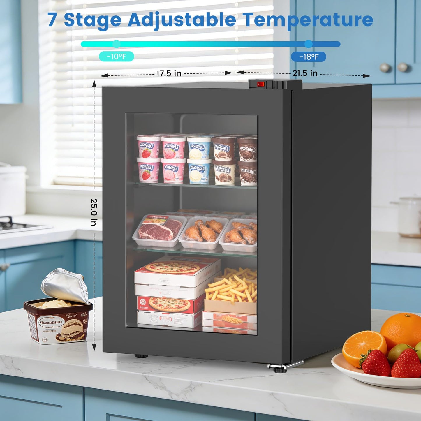 Kndko 2.4 Cu Ft Mini Freezer with Display Glass Door, 7 Adjustable Temperature Settings -10°F to -18°F, Upright Small Freezer With Removable Shelves Perfect for Ice Cream
