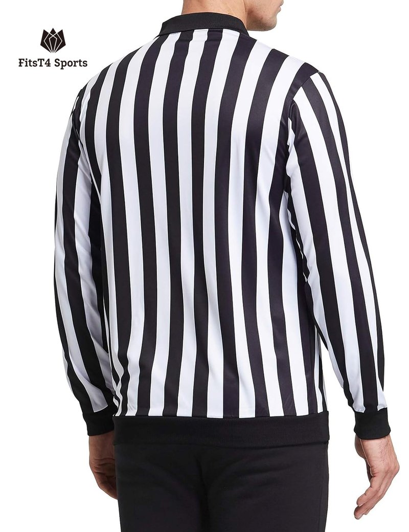 FitsT4 Sports Men's Official Black & White Stripe Referee Shirt Zipper Collared Long Sleeve Umpire Jersey Costume Pro Ref Uniform for Soccer Basketball Football Cosplay