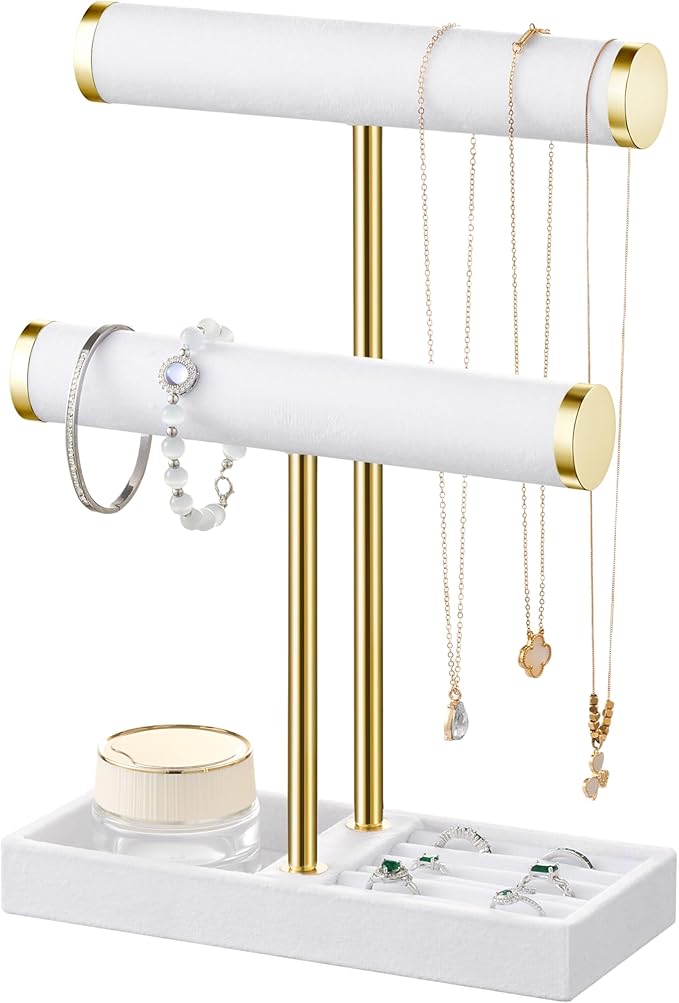 2 Tier Bracelet Holder Display - Detachable T Bar White Velvet Bracelet Holder, Jewelry Holder Organizer for Bracelet, Necklace, Earrings, Rings
