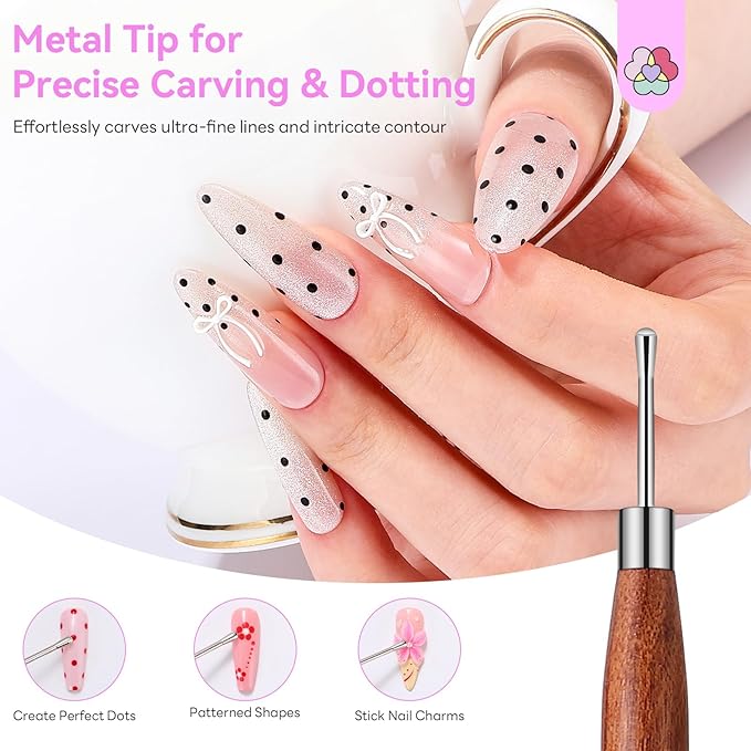 SAVILAND Nail Art Sculpture Pen: Silicone & Metal Dual Tipped Nail Brushes Silicone Nail Art Tools for Design Nail Foil Carving Drawing Shaping Effect Nail Art Pens Sandalwood Handle for Home DIY