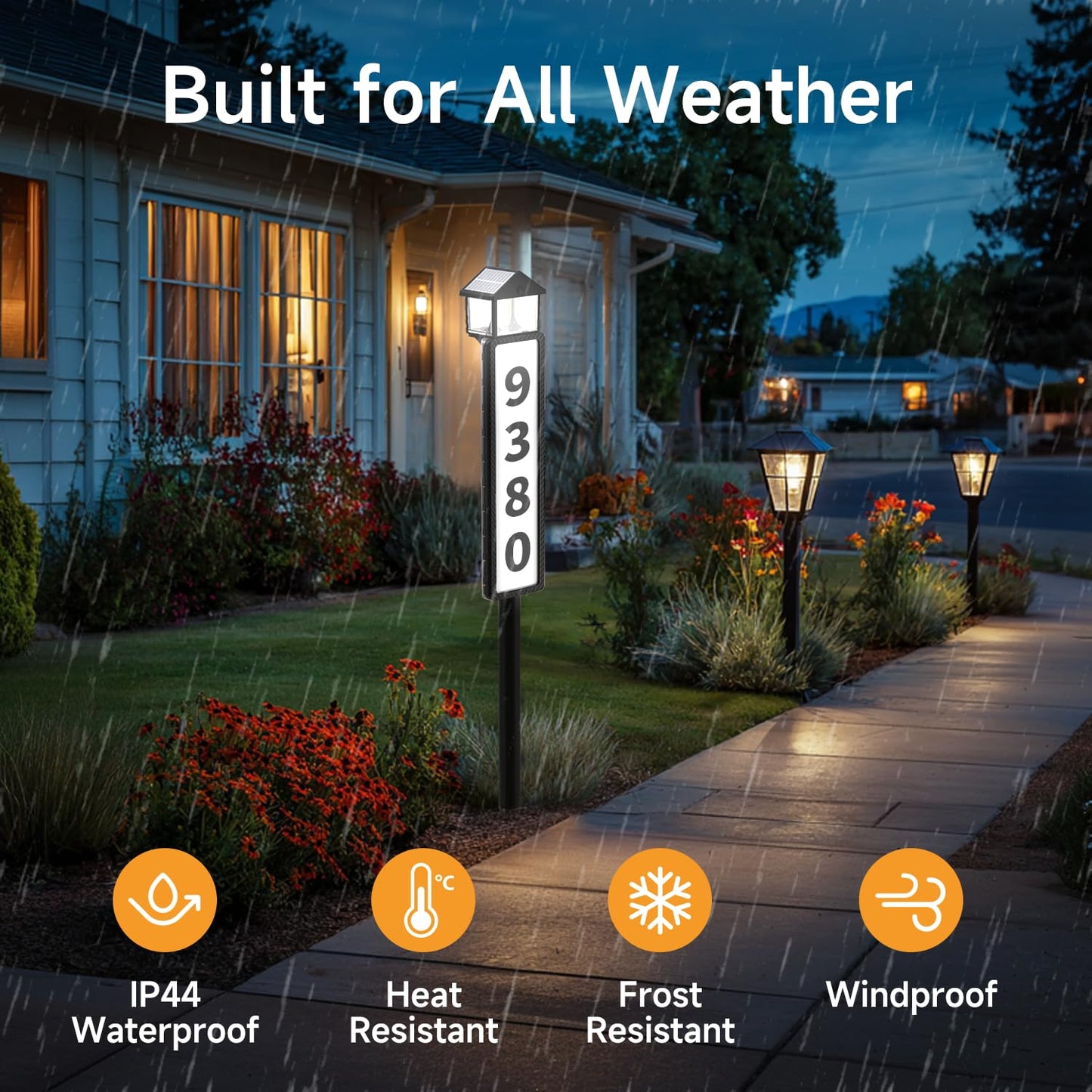 GJB Solar Address Sign for Outside, Solar Powered House Numbers Light with 3 Color Modes, Waterproof LED Illuminated Address Plaque with Stake, Numbers & Letters Included (Matte Black)
