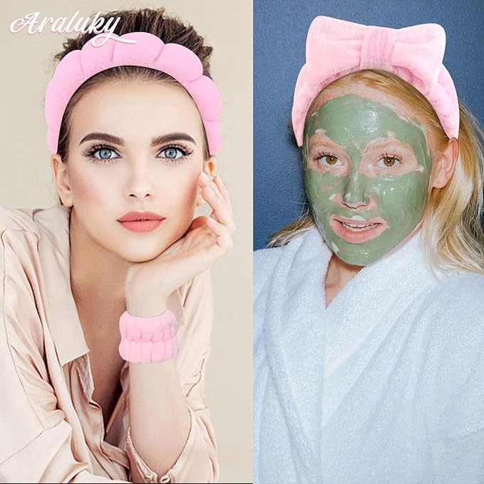 6 Pcs Puffy Terry Cloth Headbands and Wristbands for Skincare, Shower, and Makeup Removal