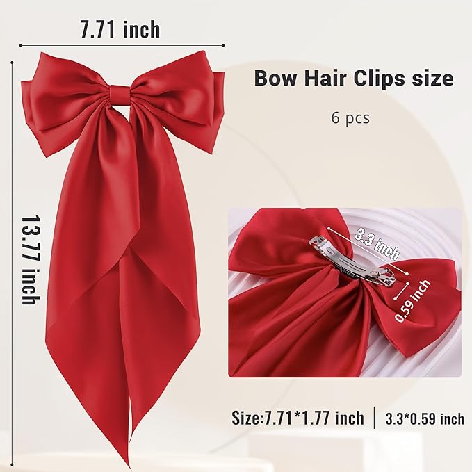 6Pcs Large Bows Hair Clips for Women Girls Long Tail Hair Ribbon Silky Satin Barrettes Coquette Bows Accessories (Red)