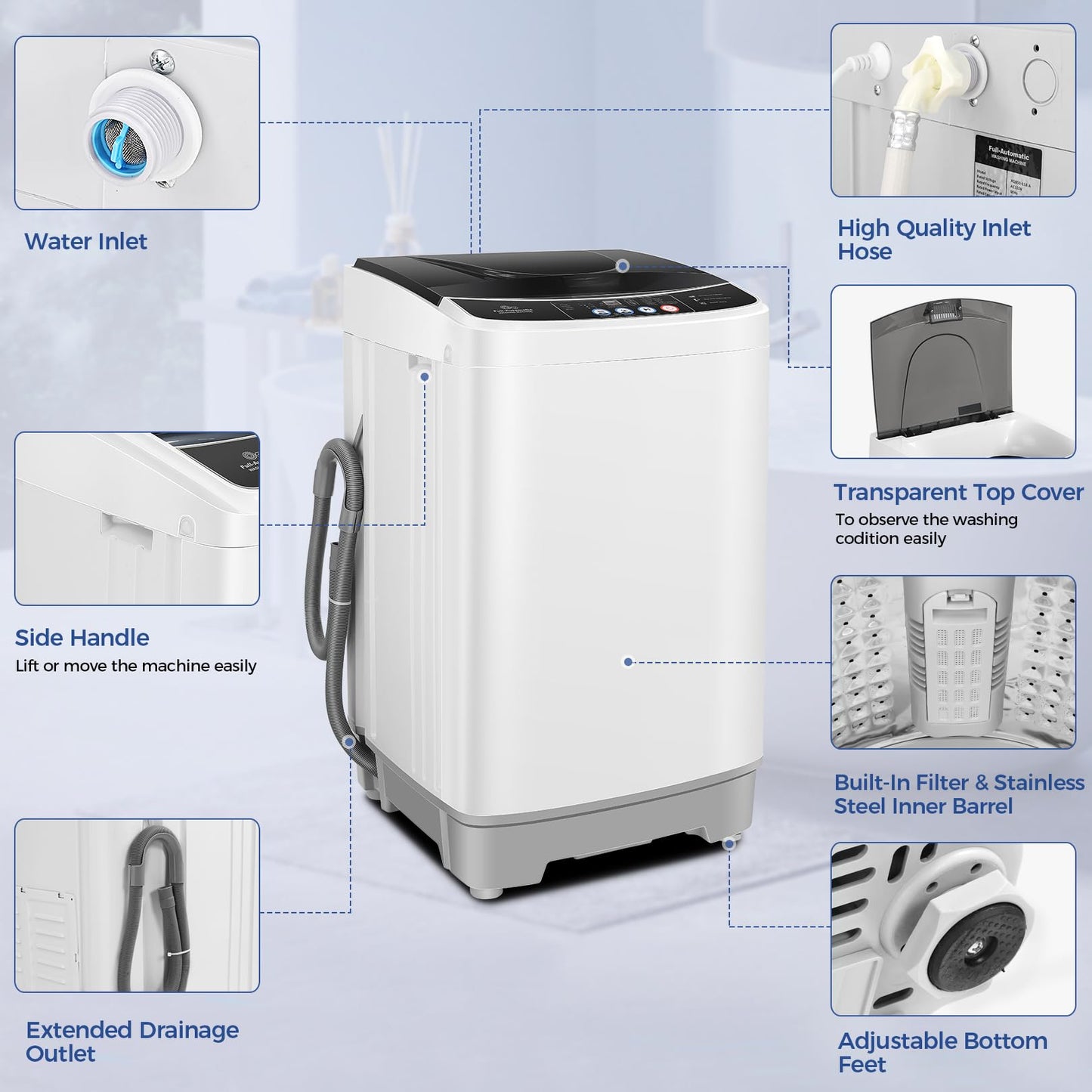 20Lbs Portable Washing Machine Nictemaw Portable Washer, 2.8 Cu.ft Washer and Dryer Combo with Drain Pump, 10 Programs 8 Water Level Compact Laundry Washer for Home, Apartment, RV, Dorms