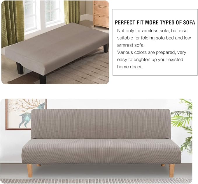 H.VERSAILTEX Armless Futon Cover Stretch Sofa Bed Slipcover Protector Elastic Feature Rich Textured High Spandex Small Checks Jacquard Fabric Futon Cover, Machine Washable, Taupe