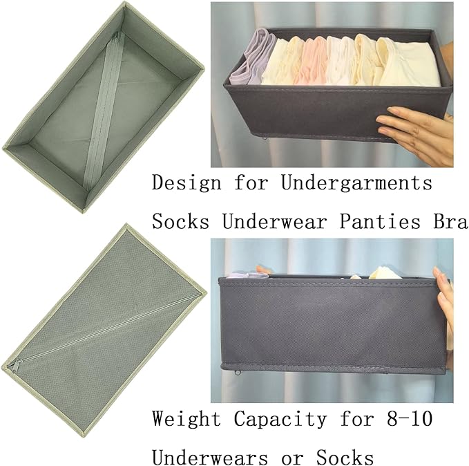 Sock Drawer Organizer 3 Pack - Foldable Fabric Storage Bins for Underwear Divider, Small Closet Organizers with 3 Compartments, Light Gray