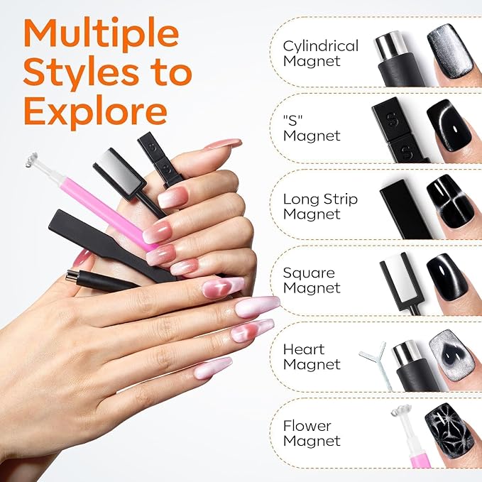 modelones Cat Eye Magnet Set, 15PCS French Cateye Gel Nail Polish Magnet Nail Art Tools Set Heart Magnet for Cat Eye Magnet Square Round Magnet Stick Diverse Glassy Cateye Effect for Women