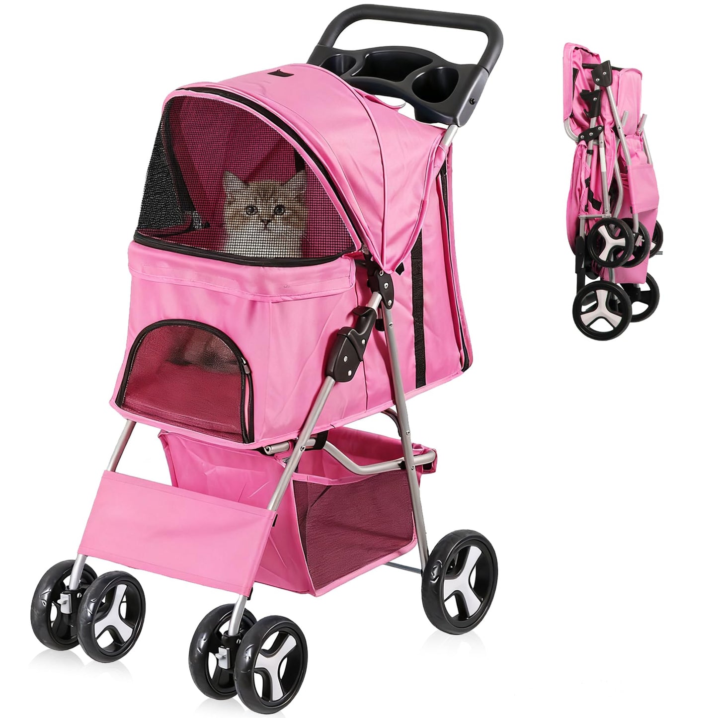 Epetlover 4 Wheels Dog Stroller Folding Pet Strolling Cart for Small Medium Cats Puppies Portable Jogger Travel Camping Puppy Carrier with Storage Basket Cup Holder, Pink