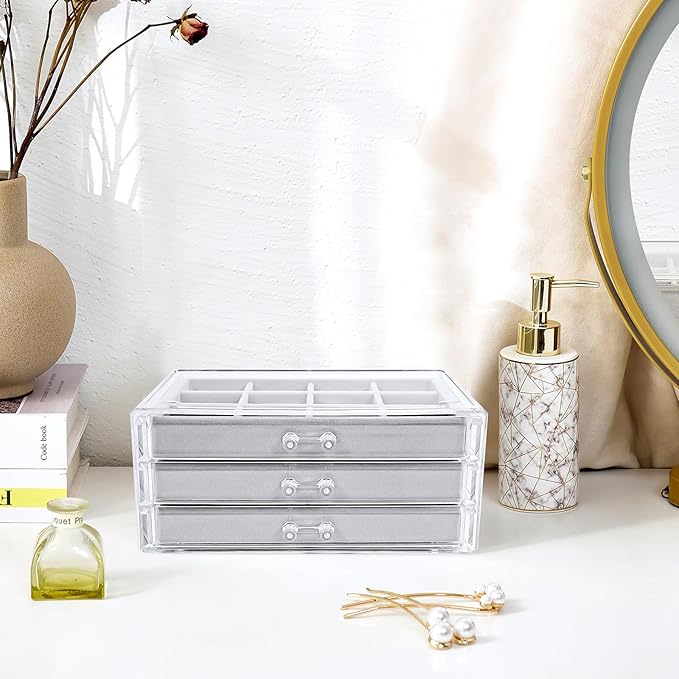 ProCase Earring Holder Organizer Jewelry Box with 3 Drawers, Acrylic Clear Earring Case with Adjustable Velvet Trays for Women - Grey, 3 Layers