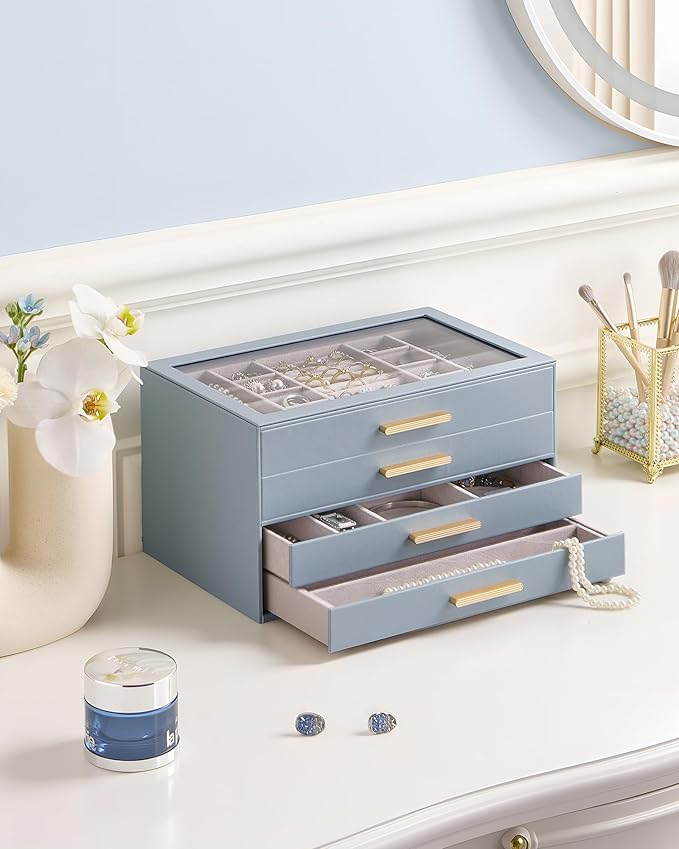 Lolalet Jewelry Box Organizer, 4-Layer Jewelry Organizers and Storage Case with Glass Lid, Ring Earring Bracelet Necklace Holder Organizer, Birthday Valentine Gifts for Women Girls -4Layer, HazeBlue
