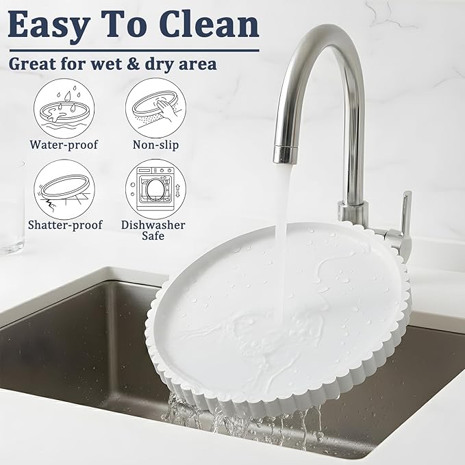 HighHerz Silicone Bathroom Countertop and Vanity Tray, Round Silicone Bathroom Tray, Modern Bathroom Decor, Coffee Table Decor, Decorative Tray for Candle, Perfume, Plants (White, 9 inch)
