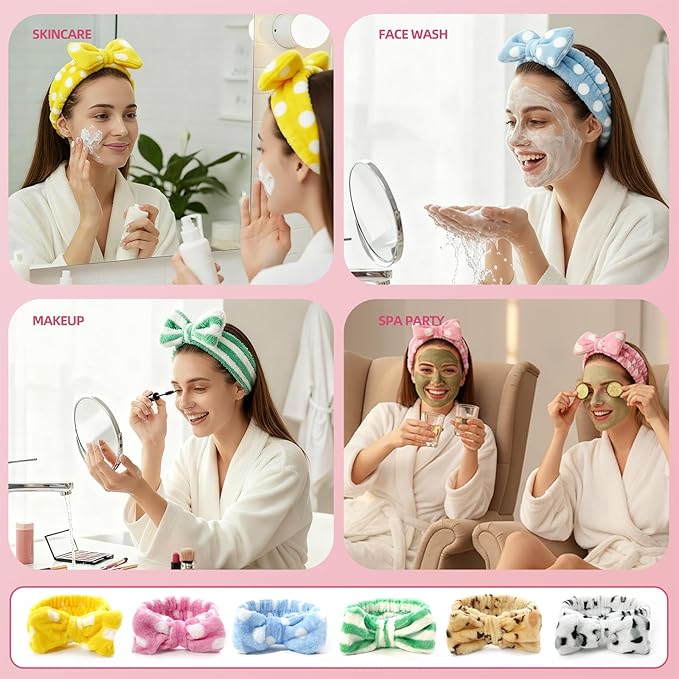 6 Pcs Spa Headband for Washing Face,Skincare Headband with Removable Bow,Furry Face wash Headbands,makeup Headbands for Women,Teen,Girls,Christmas Gifts