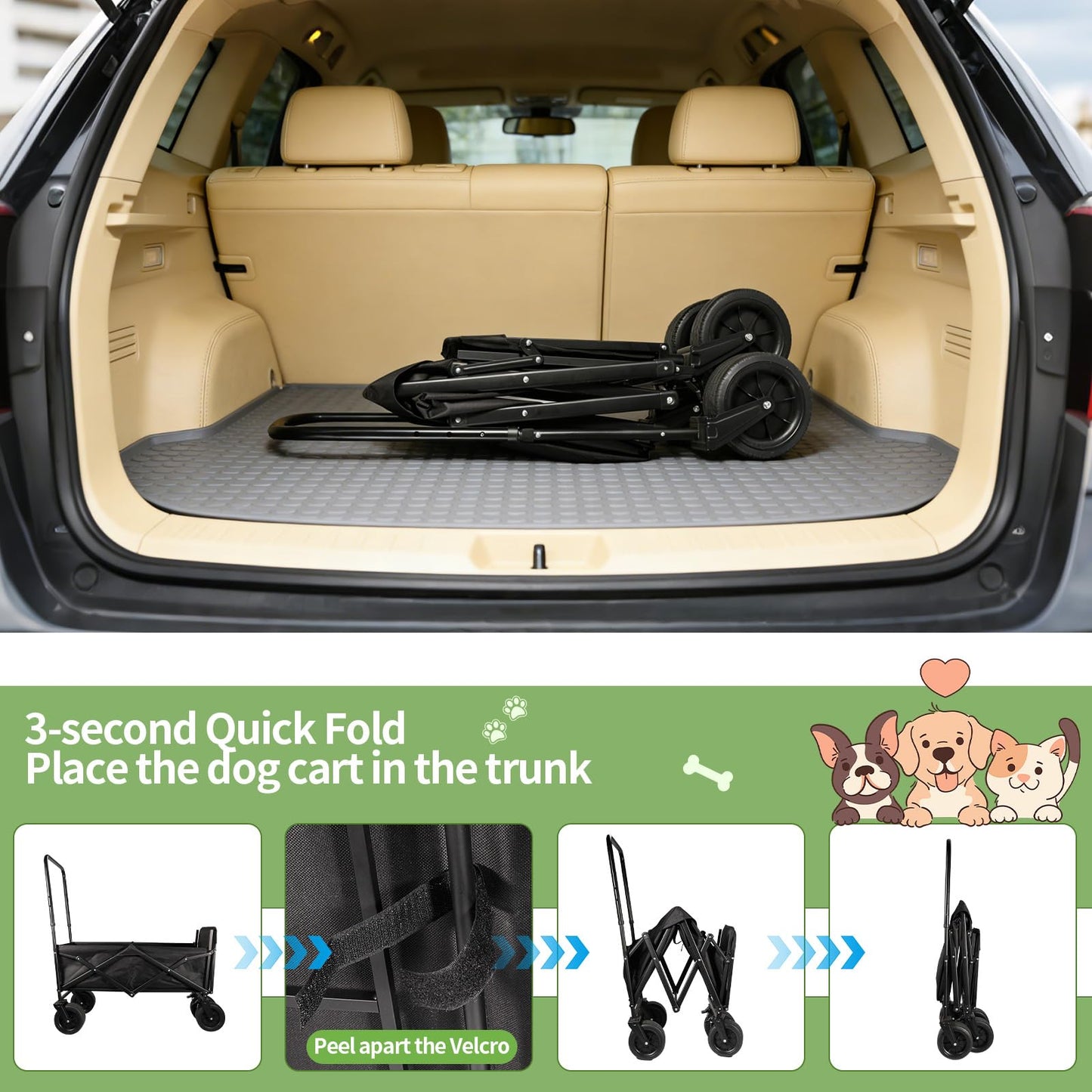 Dog Stroller for Large Dogs,Pet Stroller for Medium Dogs Up to 150lbs,Folding Dog Wagon Cart,Heavy Duty All-Terrain with Adjustable Handle,Storage Organizer,Waterproof Oxford Fiber,Black