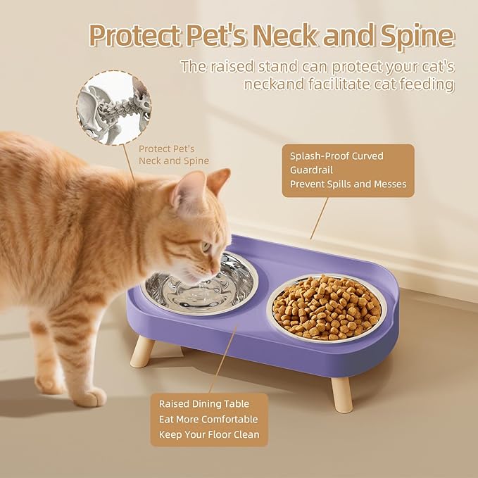 Elevated Cat Bowl, Raised Cat Food and Water Bowl Set for Indoor Cats, Splash Proof with 3 Stainless Steel Pet Food Bowls for Cats and Puppies, Whisker Fatigue and Dishwasher Safe - Purple