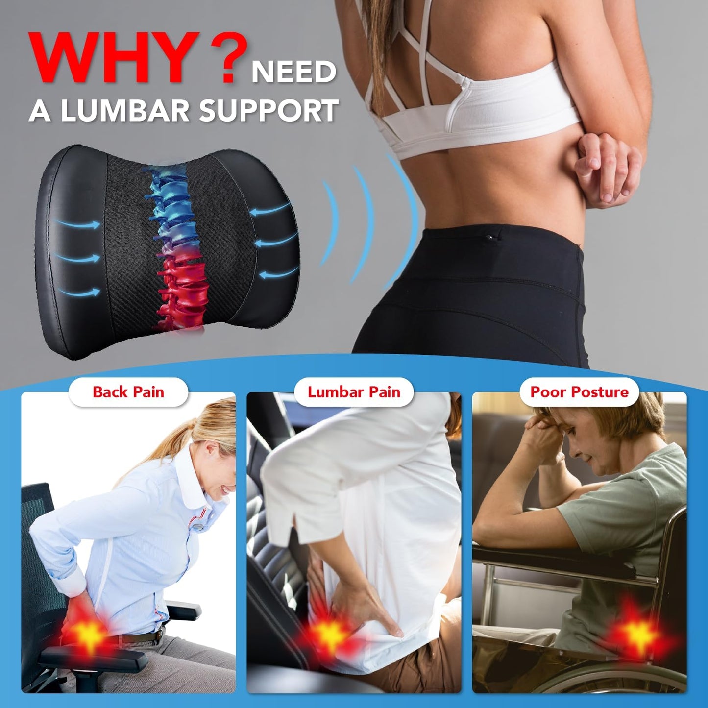 Lofty Aim Lumbar Support Pillow for Car, Memory Foam Lumbar Pillow for Lower Back Pain Relief - Back Cushion for Driving, Chair Support for Car-Office Chair, Wheelchair - Black