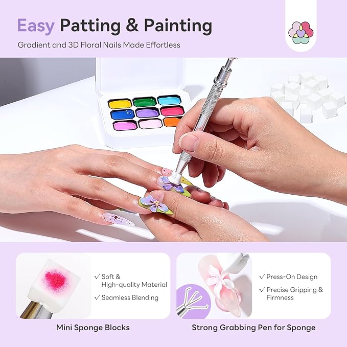 SAVILAND 3D Patting Gel Polish Kit: 9 Colors Pat Gel Polish Palette No-Wipe Blooming Gels Nail Polish 3D Nails Sculpting Gels with Flowers Shape Silicone Mold Sponges for Ombre Aura Nails Art DIY