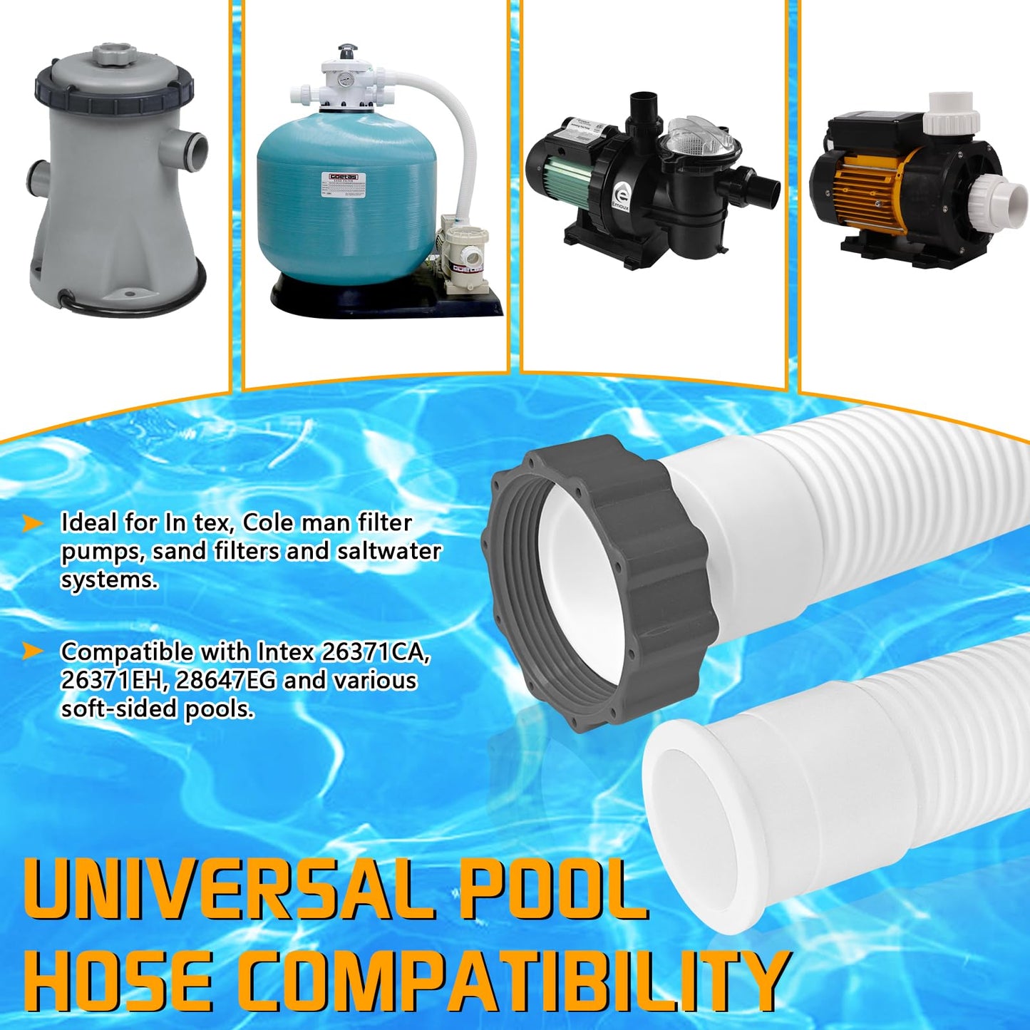 Boltigen 1.5'' Diameter Pool Sand Filter Pump Hose, 20inch Pool Pump Replacement Hose for Above Ground Pools, 2PCS Flexible Water Pool Hose Set for Filter Pump and Saltwater Systems, White