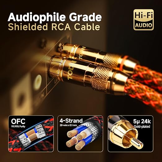 TODN Shielded RCA Audio Cables Audiophile Male to Male OFC RCA Stereo Cable for Car Audio, HiFi Systems (9.8ft/3m, 1 Pair)