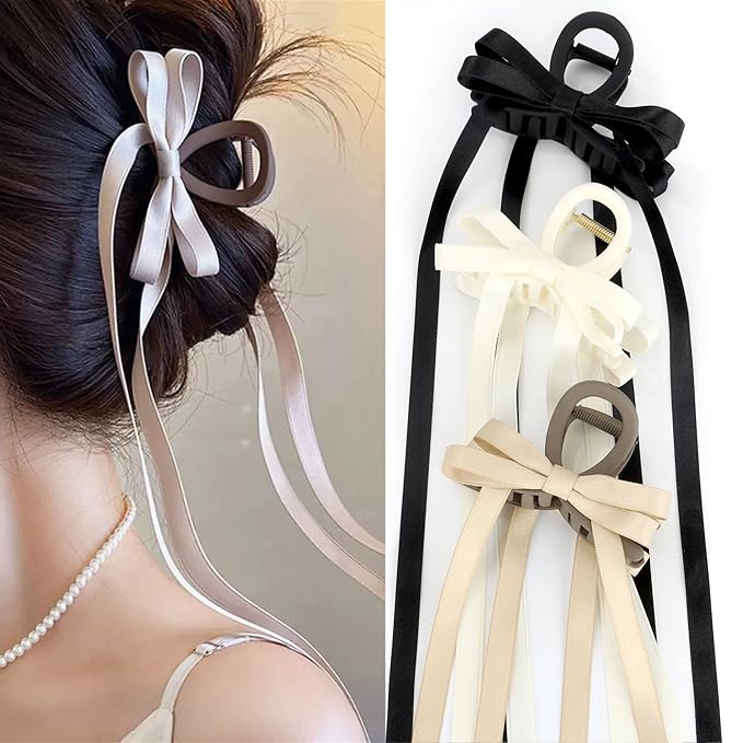 Bow Hair Claw Clips for Women Butterfly Hair Clips 3.15" Medium Size Bow Hair Clip for Girls Tassel Ribbon Bowknot Hair Accessories for Birthday Party Show Christmas Thanksgiving 3 Pcs