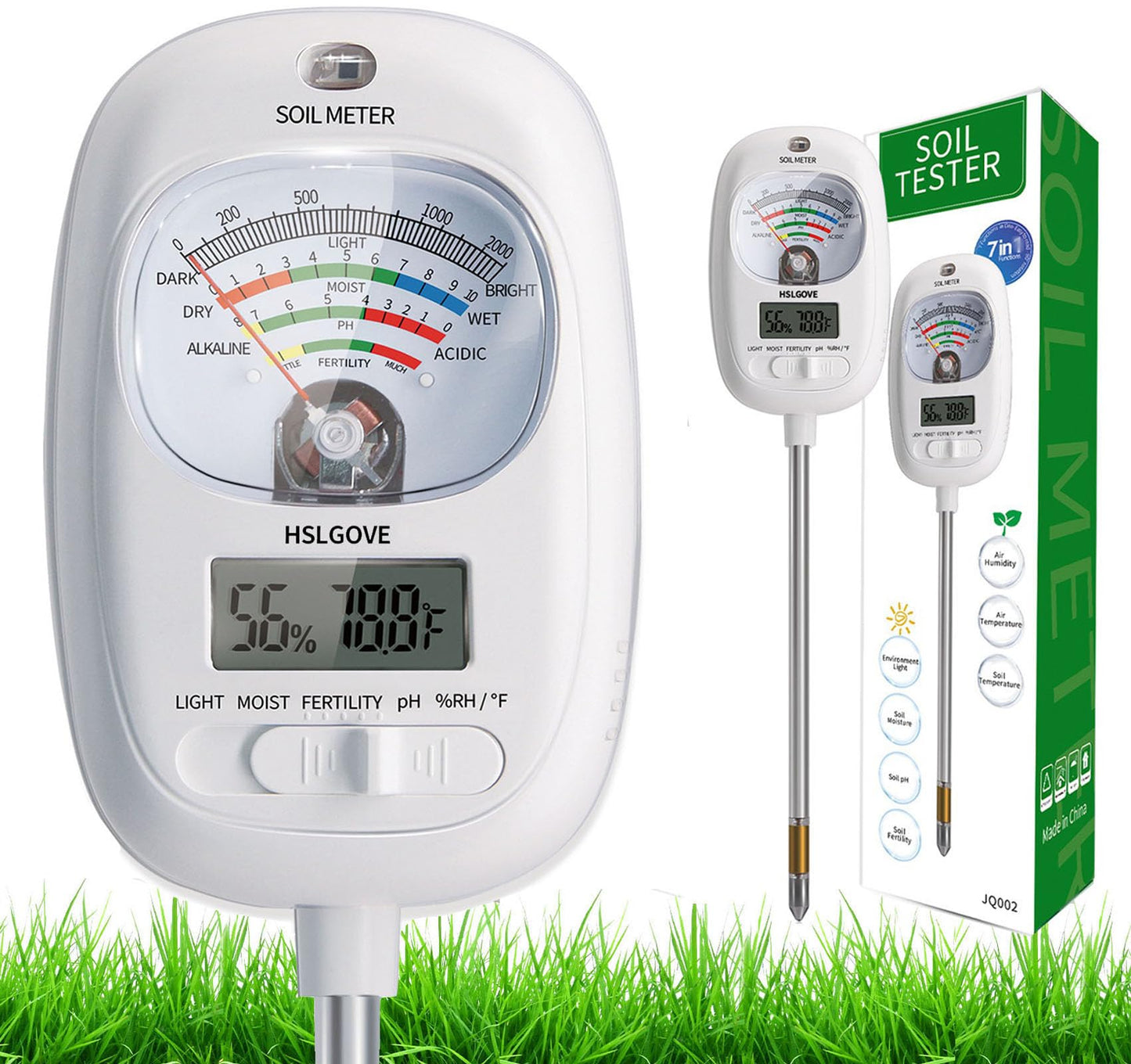 HSLGOVE Soil Test Kit, 7-in-One Soil Moisture Meter/Soil PH Meter/Fertility, Dual Screen Soil Tester w/Digital Soil Temp/Air Temp&Humidity for Plants Gardening,Lawn,Farm Indoor&Outdoor-Lvory White