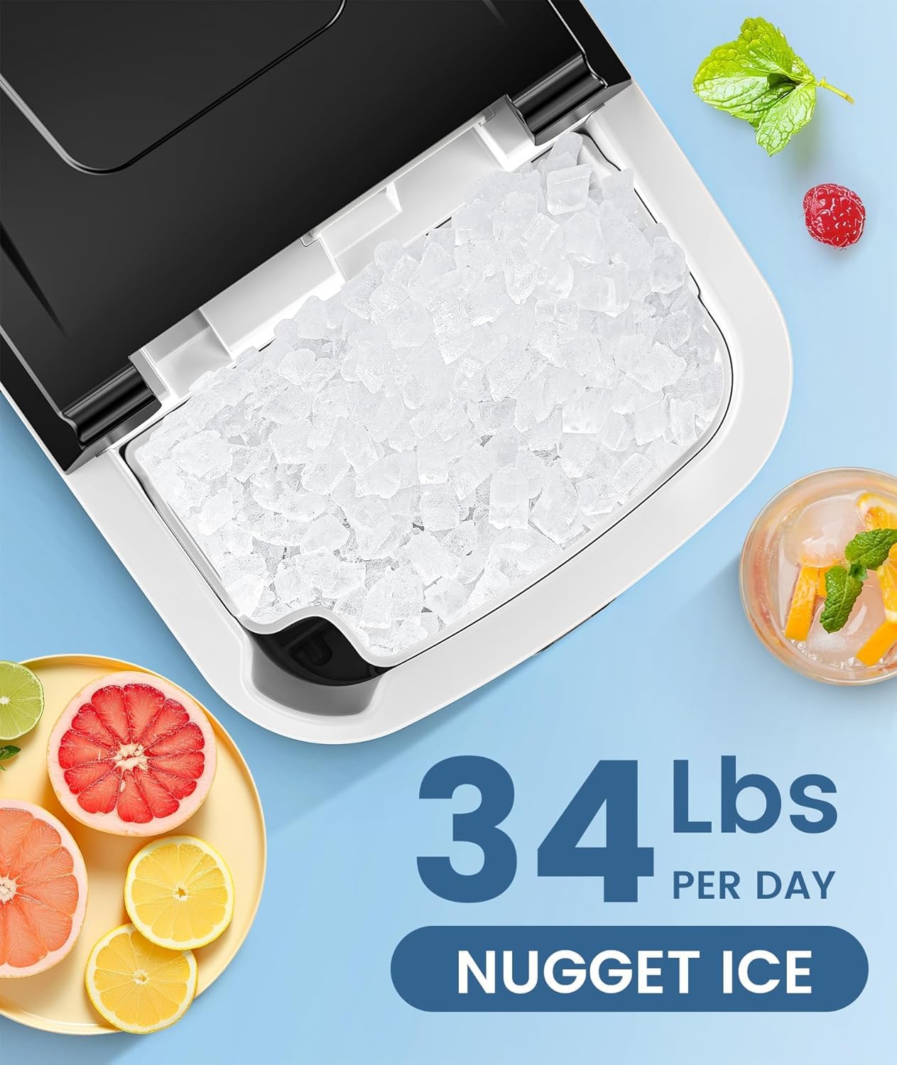 Antarctic Star Nugget Ice Maker Countertop with Handle, Stainless Steel, 35Lbs/24Hrs,7 Mins Ice Making, Pellet Ice Maker with Ice Basket/Ice Scoop for Home/Bar/Party/Office