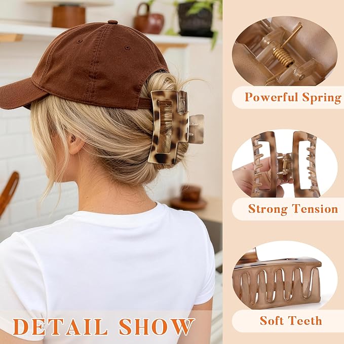 Auseibeely 6 Pack 4.1 Inch Large Claw Clips for Thick Hair, Big Tortoise Shell Claw Clip for Hat, Square Hair Clips for Thick/Long/Curly Hair, Strong Hold Non-slip Baseball Jaw Clip Accessories