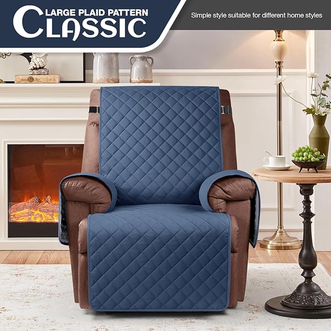 KinCam 100% Waterproof Recliner Chair Cover, Reclining Couch Covers for Pets, Dogs, Recliner Couch Slipcover Furniture Protector with Elastic Straps for Kids(28", Blue)